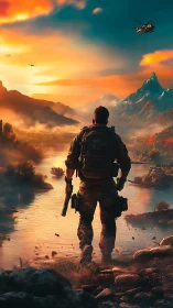 Heavily armed soldier surveys river valley under cinematic sunset