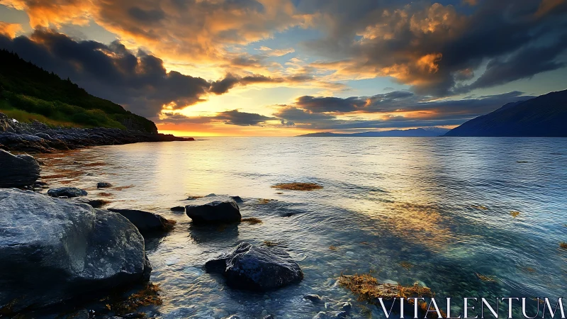 Rock whispering shore beneath a wildfire painted sunset.