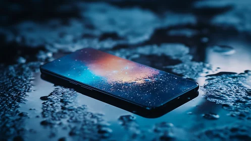 Smartphone lies on wet surface with glowing galaxy screen.