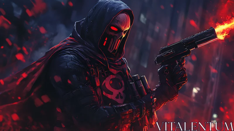 Hooded cyber-assassin fires flaming pistol in neon haze