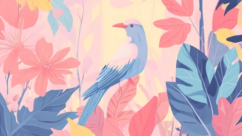 Stylized blue bird among pastel tropical foliage illustration.