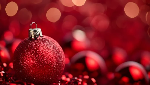 Sparkling red Christmas bauble in cozy holiday glow.