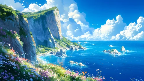 Seaside Cliffs with Wildflower Meadow Overlooking Ocean.