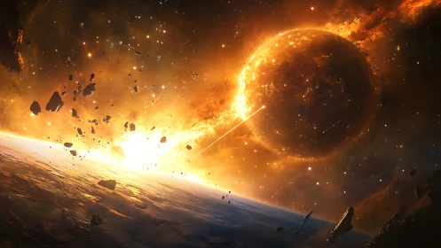 Planetary body impact over horizon with debris field in space.