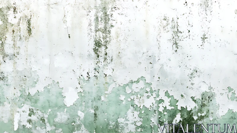 Peeling white paint exposes green stained concrete wall surface