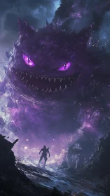 Storm-lit showdown with a colossal cosmic shadow creature.