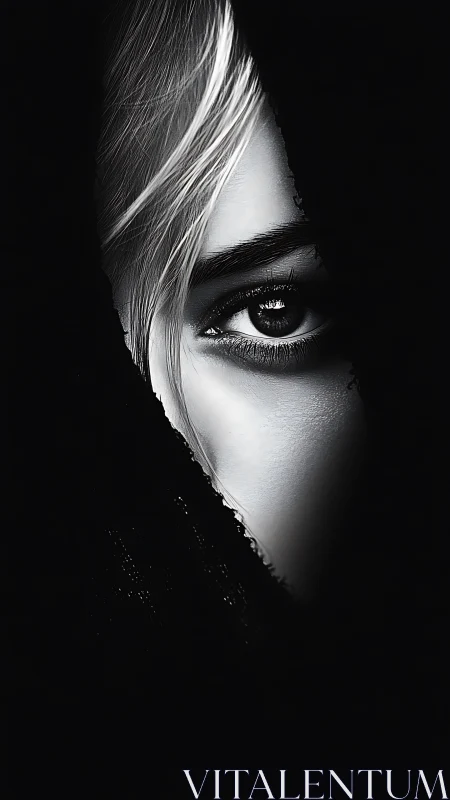 Monochrome eye portrait cuts through deep shadowed void.