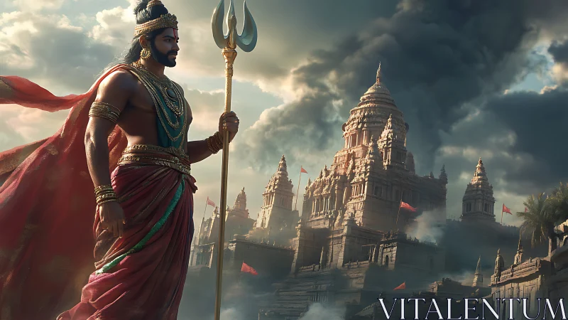 Warrior figure with trident before grand ancient temple city.