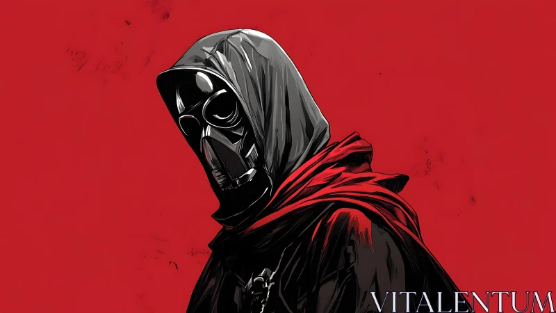 Hooded gas mask figure on stark red background.