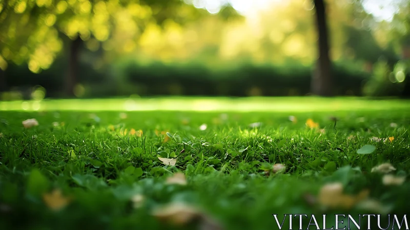 Low-angle view shows grass field with shallow depth of field