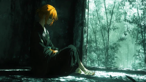 Melancholic girl in kimono beside luminous forest window