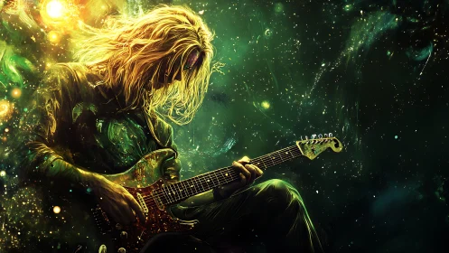 Cosmic guitarist lost in glowing green starlit dreams.