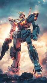 Armored combat mecha strides through burning volcanic battlefield