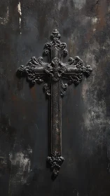 Ornate black metal cross mounted on distressed dark wall