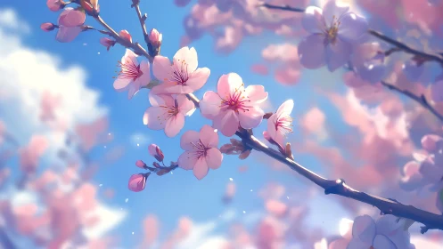 Soft pink cherry blossoms against clear blue sky.