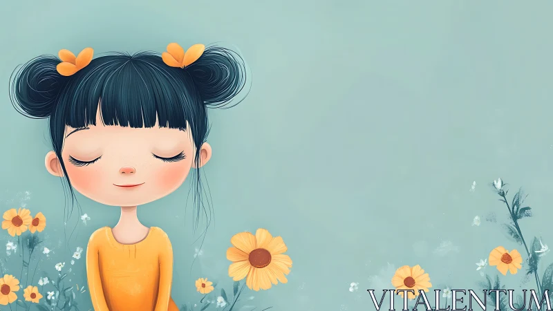 Smiling girl in yellow dress enjoys peaceful flower meadow.