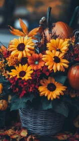 Autumn Floral Arrangement in Woven Basket with Pumpkins