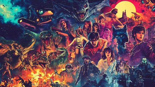 Collaged scene arranges characters, creatures and vehicles