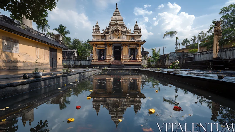 Temple mirrored in lotus pool beneath a wandering sky.