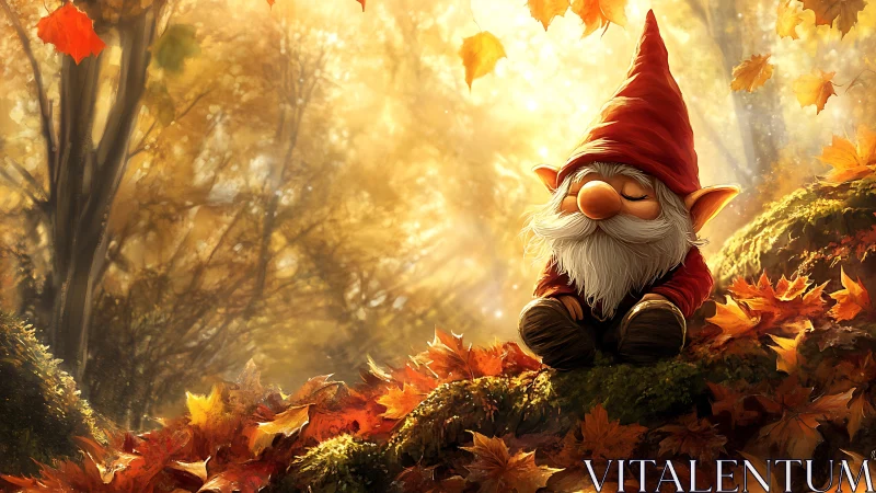 Woodland gnome rests amid glowing autumn leaves at dusk.