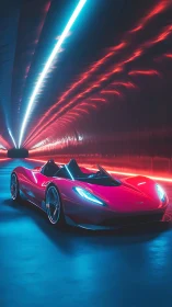 Electric red supercar slices through neon tunnel glow at speed