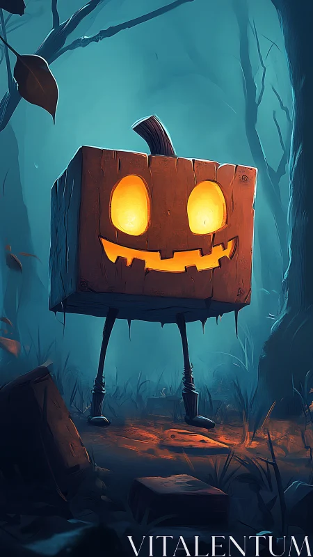 Friendly glowing pumpkin walker exploring a misty forest.