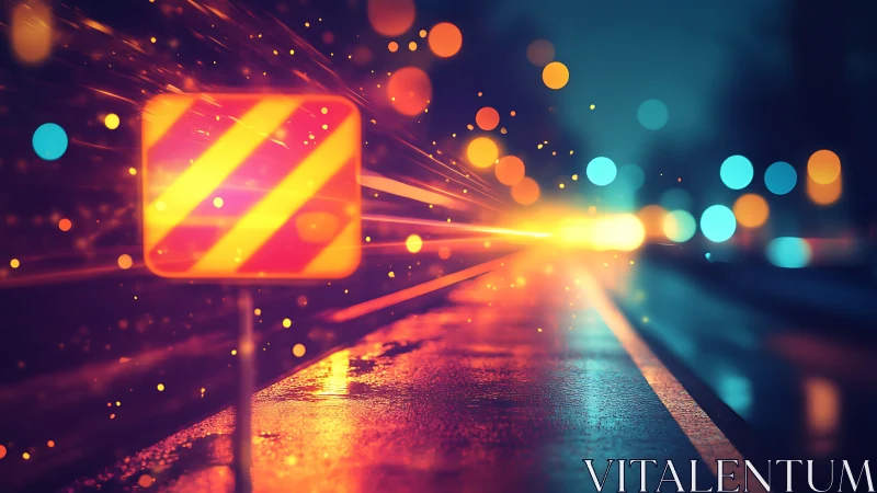 Neon night road sign glowing through drifting city lights.