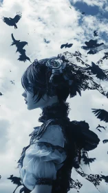 Gothic anime profile dissolves into crows against pale sky