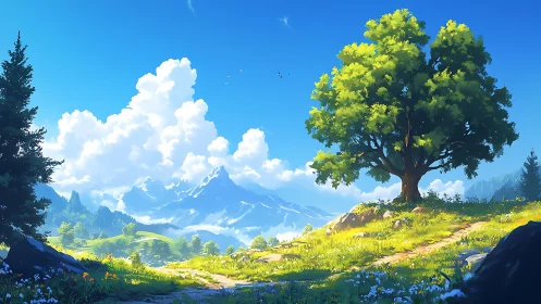 Sunlit tree on alpine meadow before distant peaks.