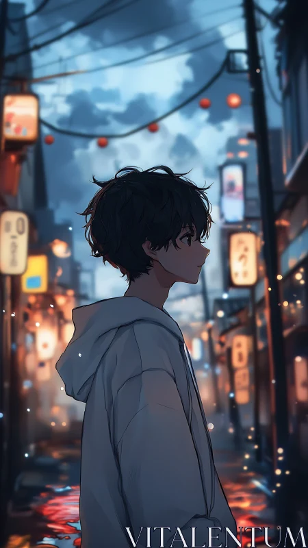 Lantern-lit evening boy wandering through neon rain dreams.