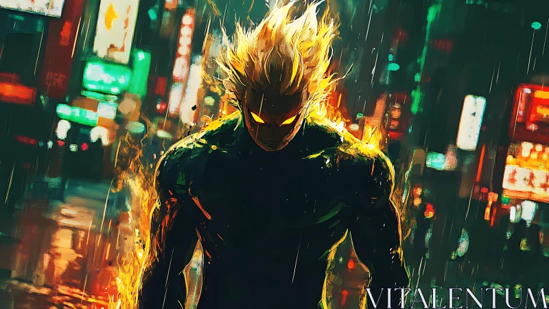 Flaming urban warrior walking through neon rainstorm streets.