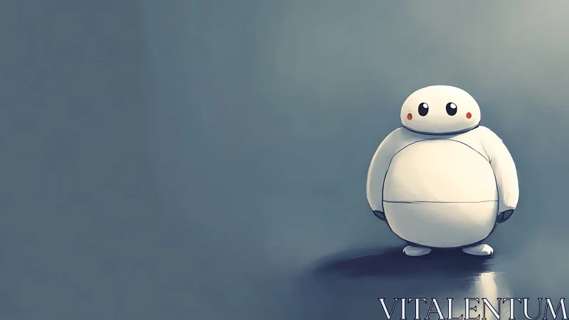 Minimalist white robot character on soft blue field.