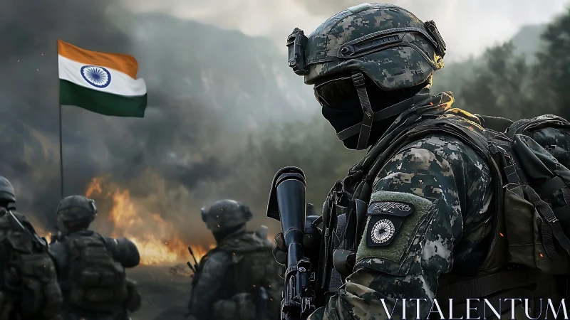 Armored Indian soldier in digital camo surveys smoky battlefield scene