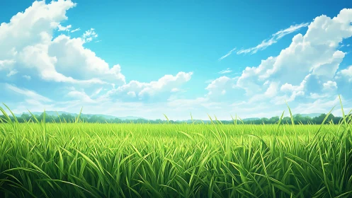 Sunlit grassland under expansive calm summer sky.