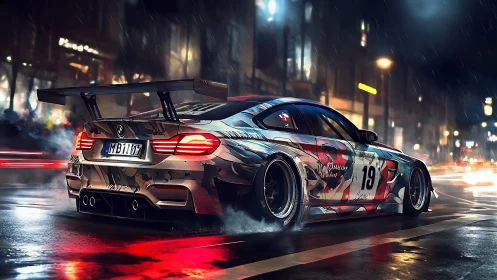 Racing BMW sports car drifting through wet city street.