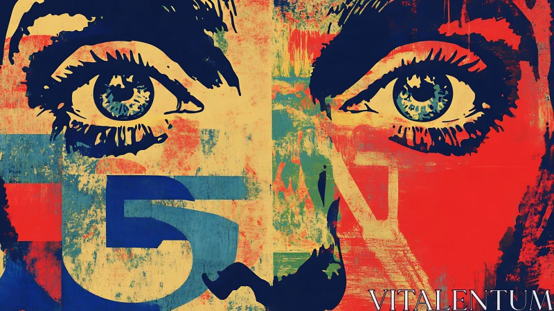 Dual-eyed abstract portrait uses high-contrast stencil layering and texture