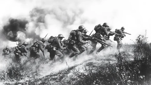 Infantry charge captured in dynamic high-contrast war photography