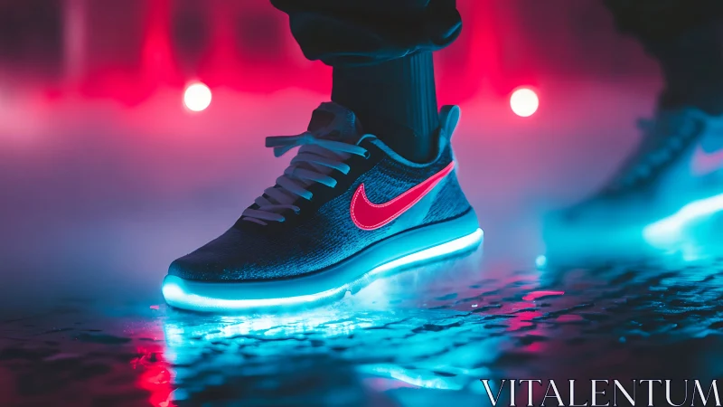 Neon-lit athletic sneaker in cinematic cyberpunk street scene.