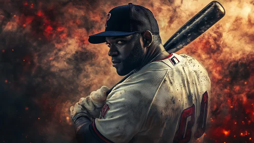 Explosive-lit baseball slugger poised in dramatic stance.