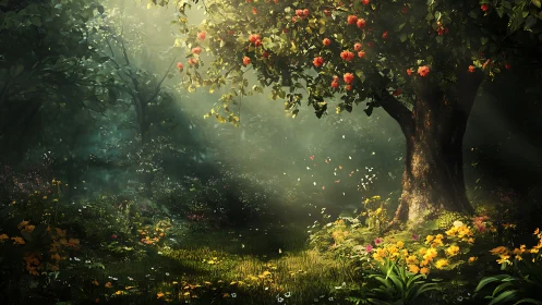 Sunlit woodland clearing with flowering tree and ground cover.