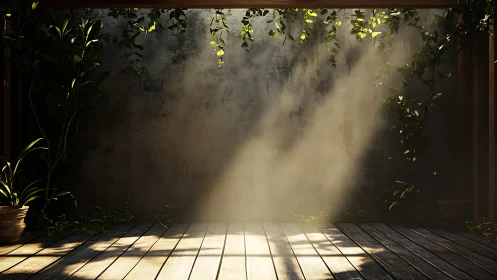 Volumetric sunlight penetrates leafy pergola onto weathered deck