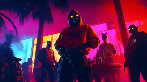 Hooded masked figures stand armed in neon-lit urban courtyard