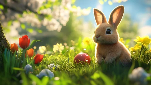 Curious springtime bunny resting in a sunlit flower meadow.