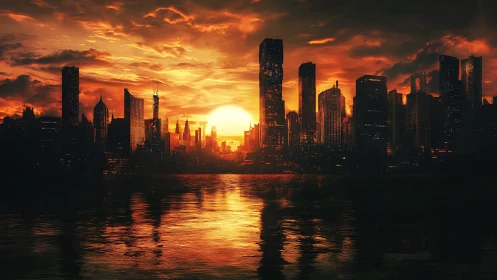 High-contrast urban skyline against low-horizon solar backlight