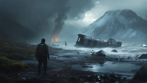 Lone survivor crossing stormy shore toward burning wreckage.