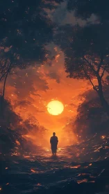 Solitary robed figure under incendiary solar corridor sky.