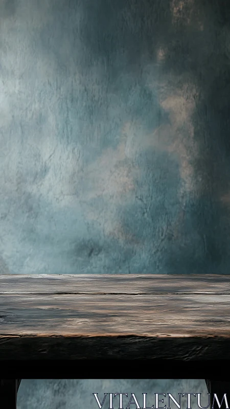 Textured wooden tabletop against mottled teal plaster wall.