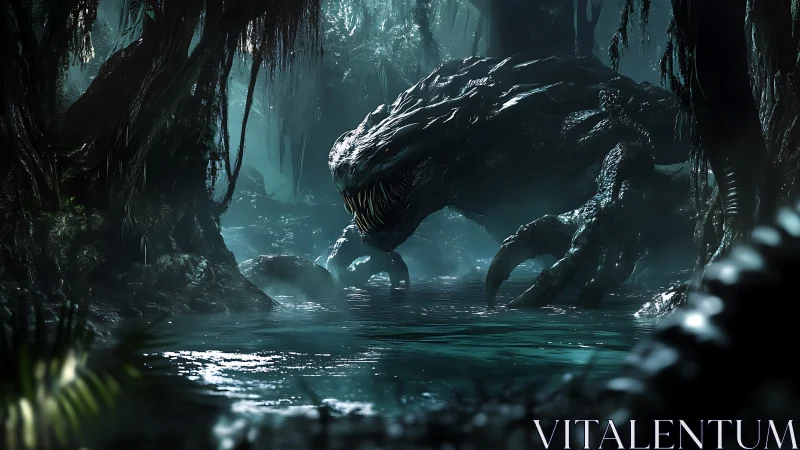 Bioluminescent swamp predator in cinematic fantasy rendering.