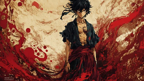 Kinetic anime warrior amid turbulent red fluid dynamics.