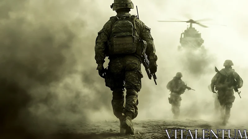 Soldiers advance through dust as a combat helicopter hovers overhead